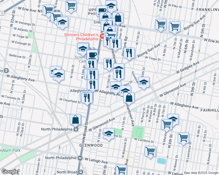 map of restaurants, bars, coffee shops, grocery stores, and more near 1239 West Hilton Street in Philadelphia