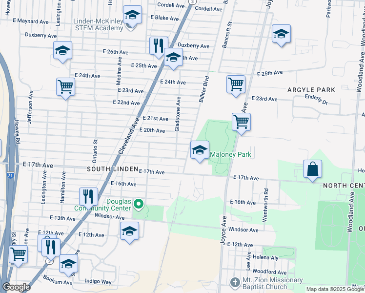 map of restaurants, bars, coffee shops, grocery stores, and more near 1429 East 19th Avenue in Columbus