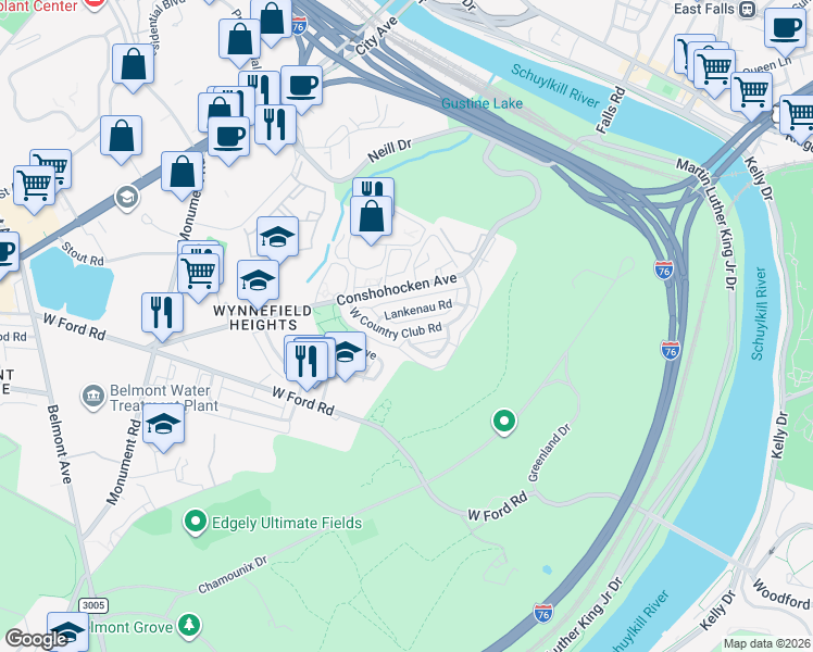 map of restaurants, bars, coffee shops, grocery stores, and more near 3751 West Country Club Road in Philadelphia