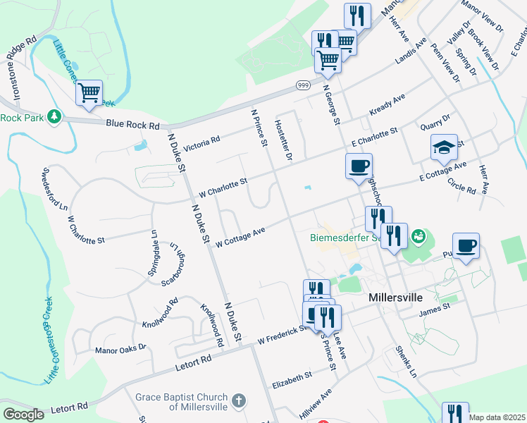 map of restaurants, bars, coffee shops, grocery stores, and more near 115 Pickwick Place in Millersville