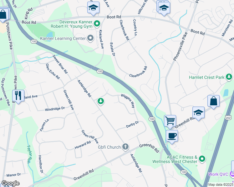 map of restaurants, bars, coffee shops, grocery stores, and more near 1003 Wiggins Way in West Chester