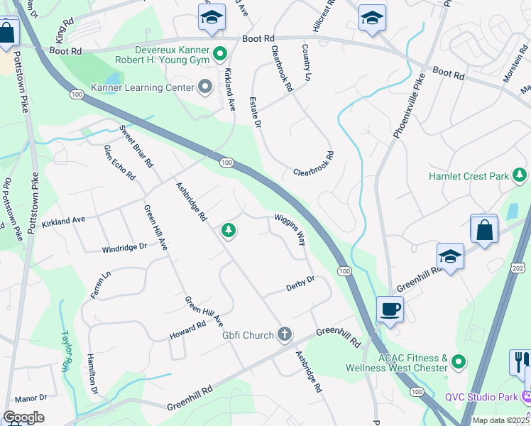 map of restaurants, bars, coffee shops, grocery stores, and more near 1003 Wiggins Way in West Chester