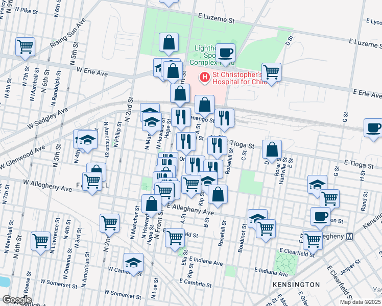 map of restaurants, bars, coffee shops, grocery stores, and more near 3422 North Water Street in Philadelphia