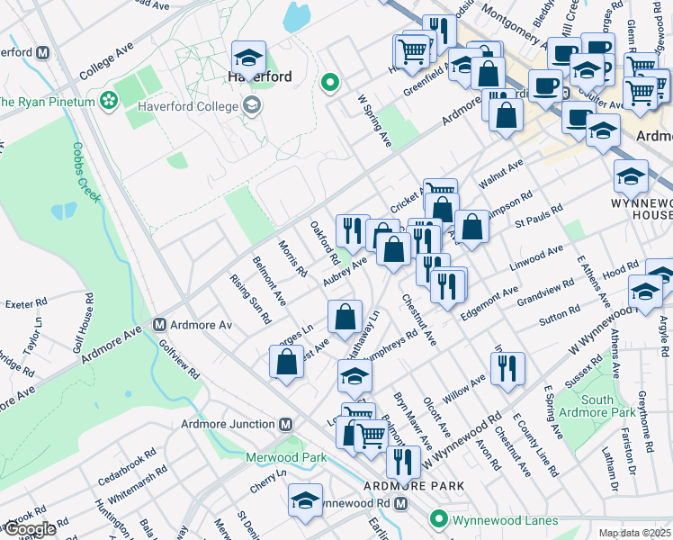 map of restaurants, bars, coffee shops, grocery stores, and more near 718 Aubrey Avenue in Ardmore