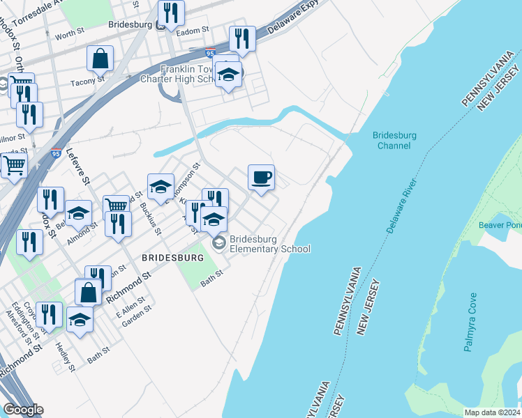 map of restaurants, bars, coffee shops, grocery stores, and more near 2828 Bridge Street in Philadelphia