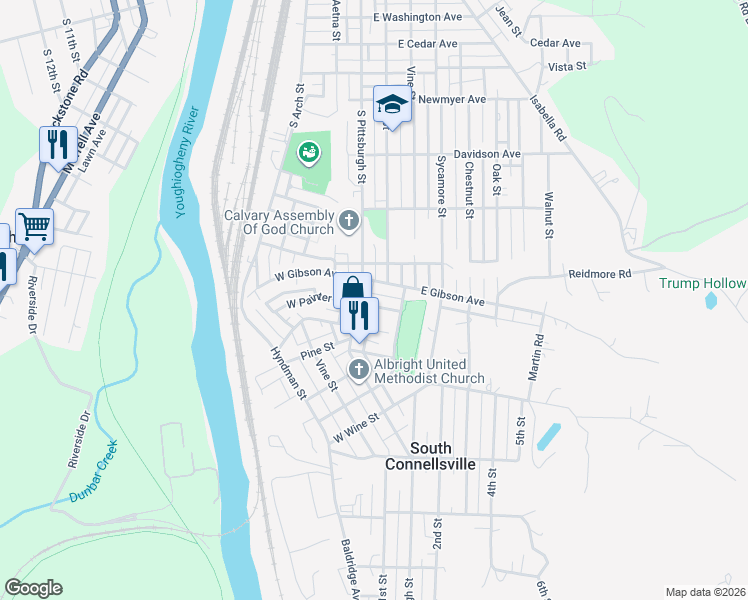 map of restaurants, bars, coffee shops, grocery stores, and more near 112 East Painter Street in Connellsville
