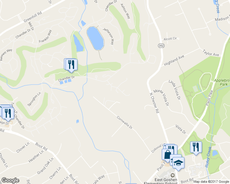 map of restaurants, bars, coffee shops, grocery stores, and more near 359 Devon Way in West Chester