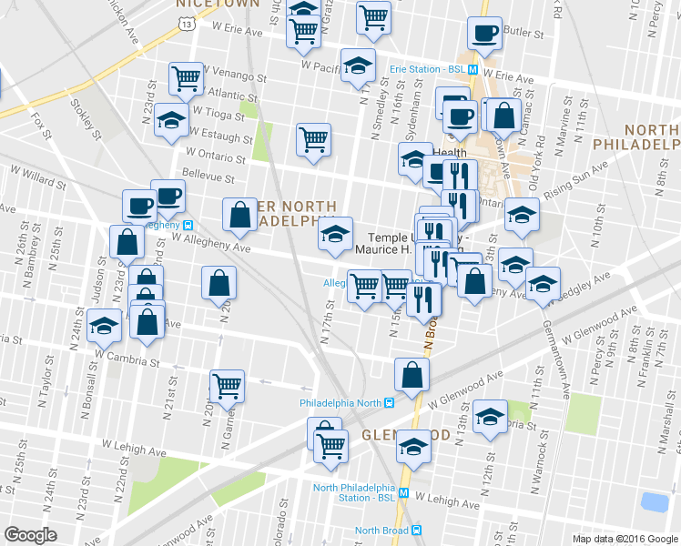 map of restaurants, bars, coffee shops, grocery stores, and more near 1630 West Allegheny Avenue in Philadelphia