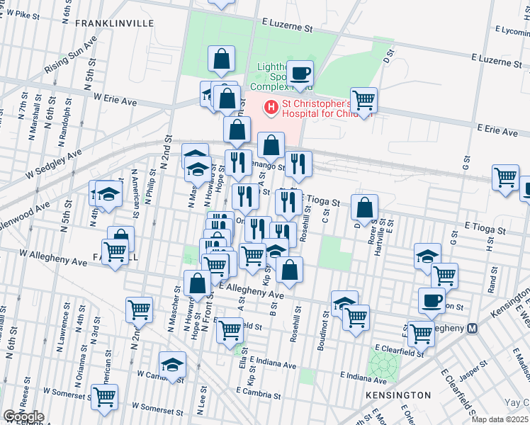 map of restaurants, bars, coffee shops, grocery stores, and more near 3426 Ella Street in Philadelphia