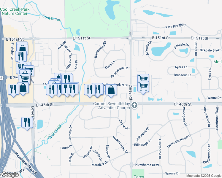 map of restaurants, bars, coffee shops, grocery stores, and more near 3003 Village Park North Drive in Carmel