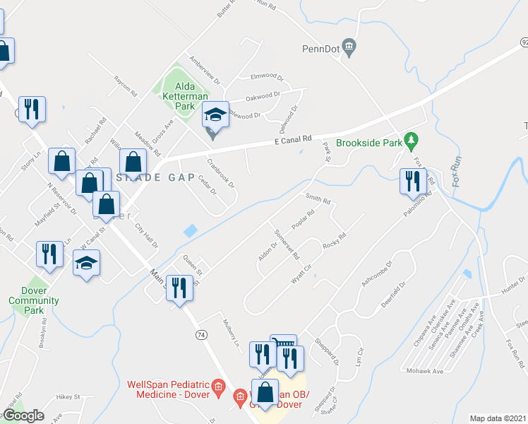 map of restaurants, bars, coffee shops, grocery stores, and more near 1881 Park St in Dover