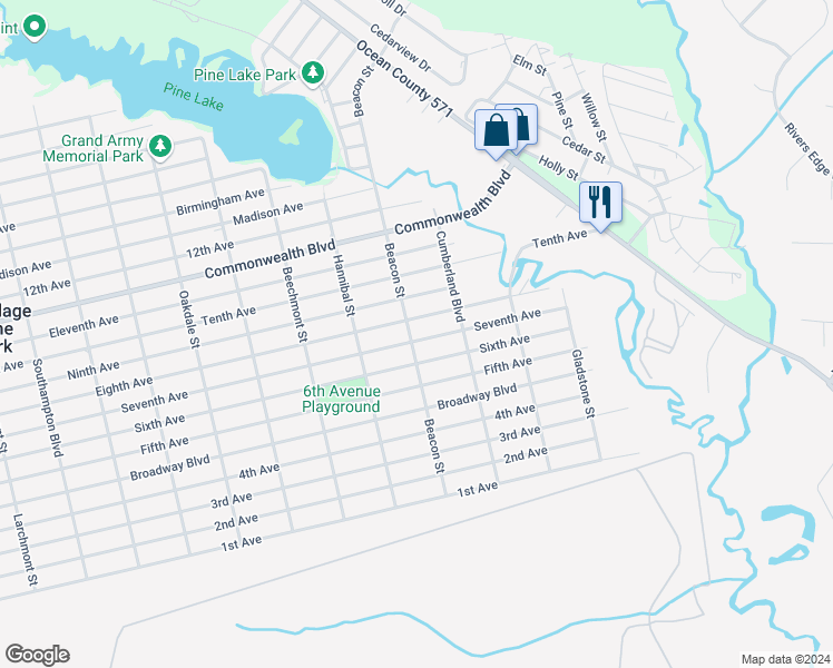 map of restaurants, bars, coffee shops, grocery stores, and more near 700 Beacon Street in Toms River