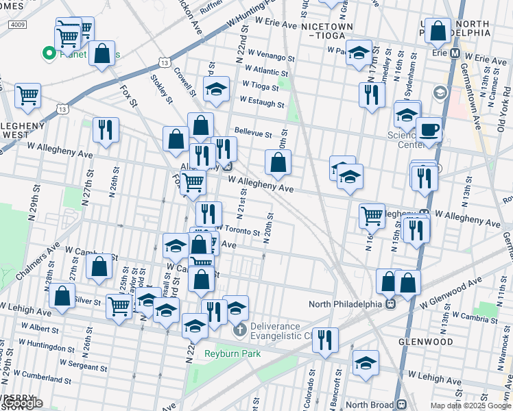 map of restaurants, bars, coffee shops, grocery stores, and more near 2024 West Lippincott Street in Philadelphia