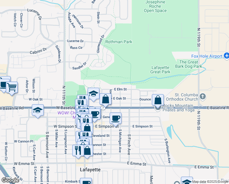 map of restaurants, bars, coffee shops, grocery stores, and more near 320 East Elm Street in Lafayette