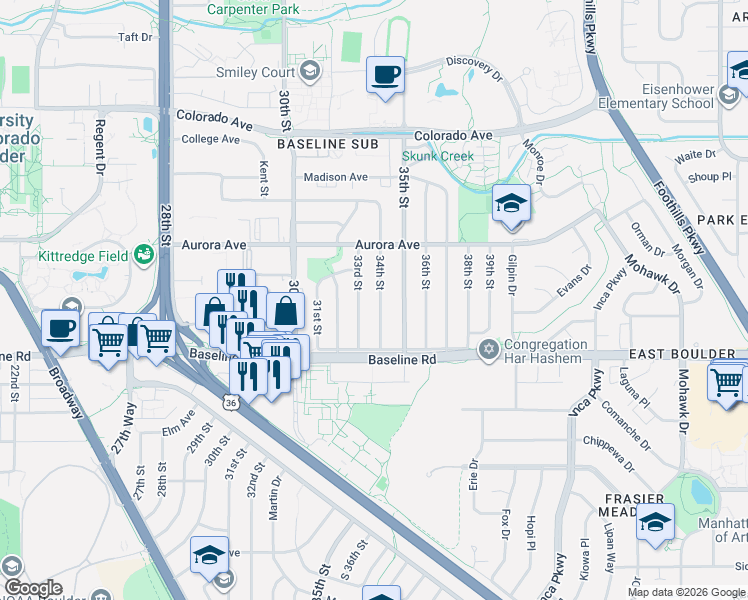 map of restaurants, bars, coffee shops, grocery stores, and more near 780 34th Street in Boulder