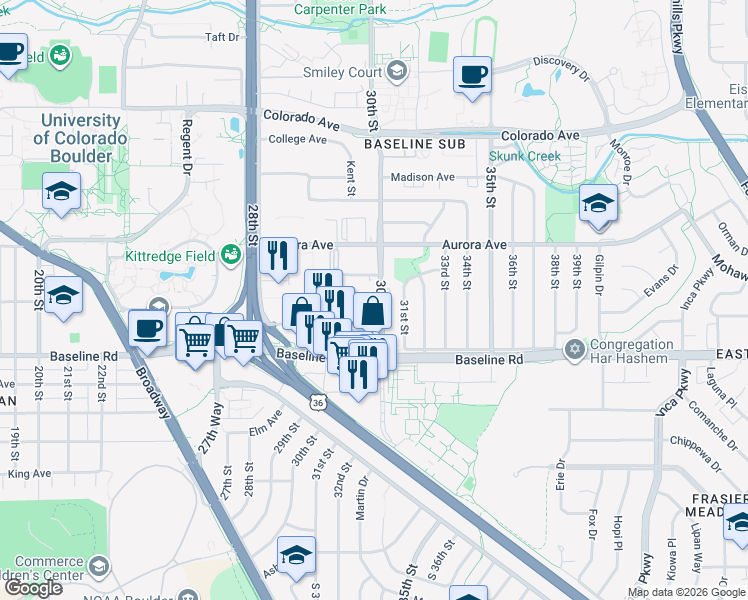 map of restaurants, bars, coffee shops, grocery stores, and more near 775 30th Street in Boulder
