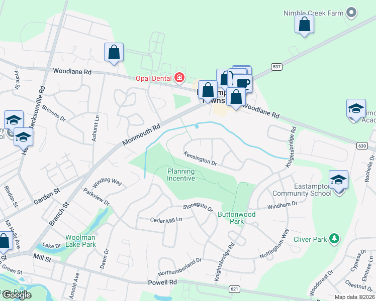 map of restaurants, bars, coffee shops, grocery stores, and more near 40 Kensington Drive in Mount Holly