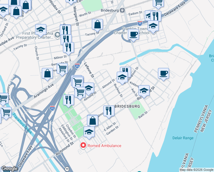 map of restaurants, bars, coffee shops, grocery stores, and more near 4533 Almond Street in Philadelphia