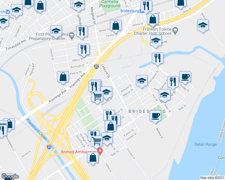 map of restaurants, bars, coffee shops, grocery stores, and more near 4501 Belgrade Street in Philadelphia