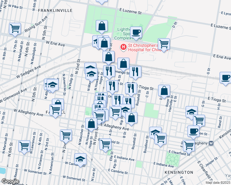 map of restaurants, bars, coffee shops, grocery stores, and more near 3422 North Water Street in Philadelphia