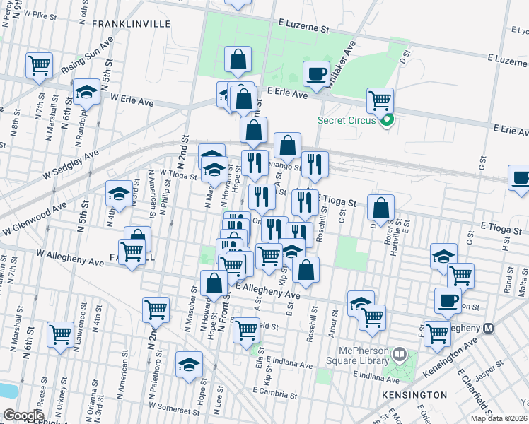 map of restaurants, bars, coffee shops, grocery stores, and more near 3422 North Water Street in Philadelphia
