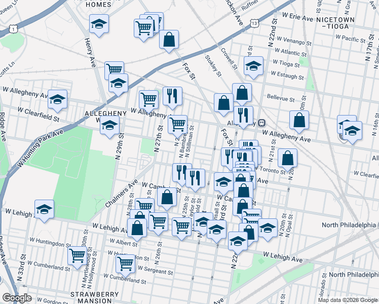 map of restaurants, bars, coffee shops, grocery stores, and more near 2453 West Toronto Street in Philadelphia