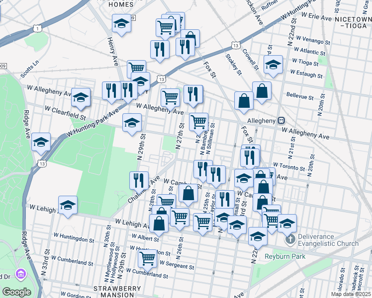 map of restaurants, bars, coffee shops, grocery stores, and more near 3035 North Taney Street in Philadelphia