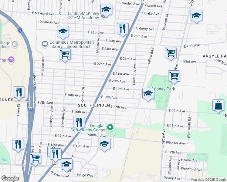 map of restaurants, bars, coffee shops, grocery stores, and more near 1315 East 19th Avenue in Columbus