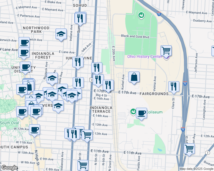 map of restaurants, bars, coffee shops, grocery stores, and more near 439 East 18th Avenue in Columbus