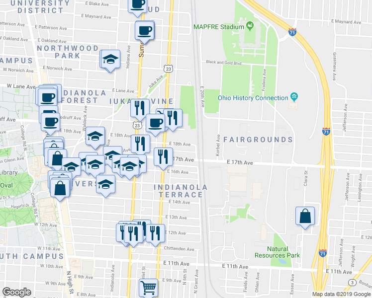 map of restaurants, bars, coffee shops, grocery stores, and more near 439 East 18th Avenue in Columbus