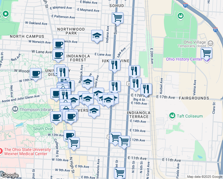 map of restaurants, bars, coffee shops, grocery stores, and more near in Columbus