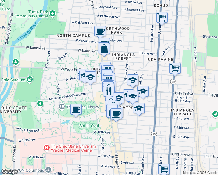 map of restaurants, bars, coffee shops, grocery stores, and more near 6 East 17th Avenue in Columbus