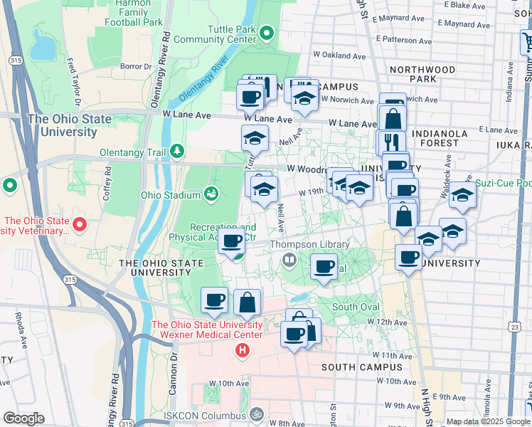 map of restaurants, bars, coffee shops, grocery stores, and more near in Columbus