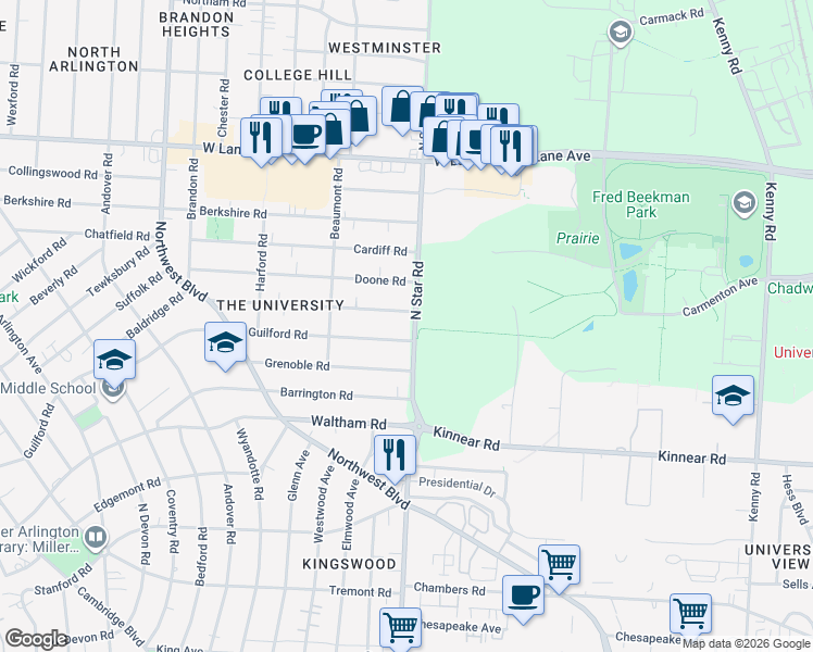 map of restaurants, bars, coffee shops, grocery stores, and more near 1491 Essex Road in Columbus