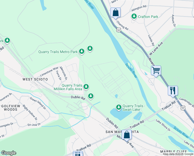 map of restaurants, bars, coffee shops, grocery stores, and more near 2518-2698 River Oaks Drive in Columbus