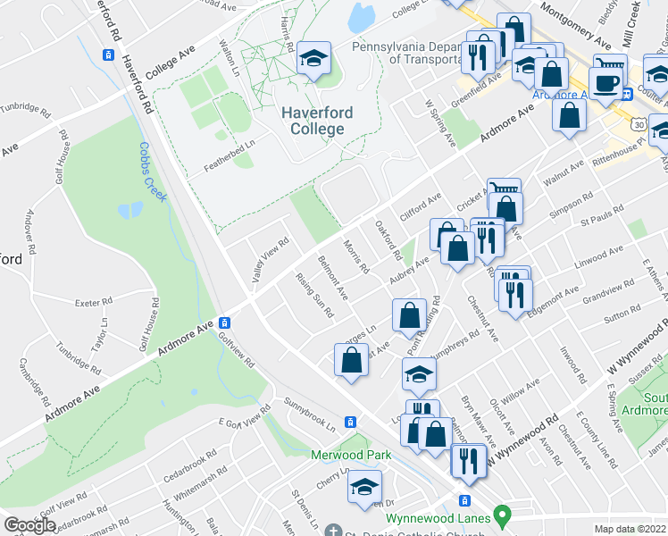 map of restaurants, bars, coffee shops, grocery stores, and more near 2943 Belmont Avenue in Ardmore