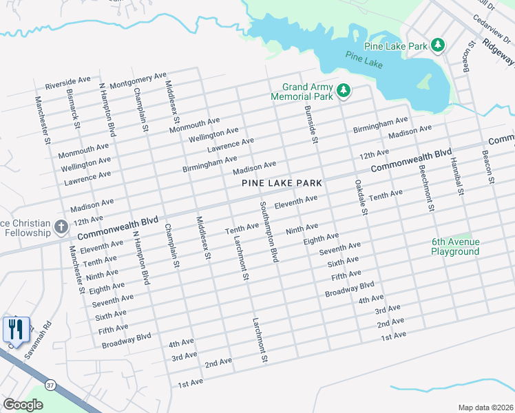 map of restaurants, bars, coffee shops, grocery stores, and more near 1141 11th Avenue in Toms River