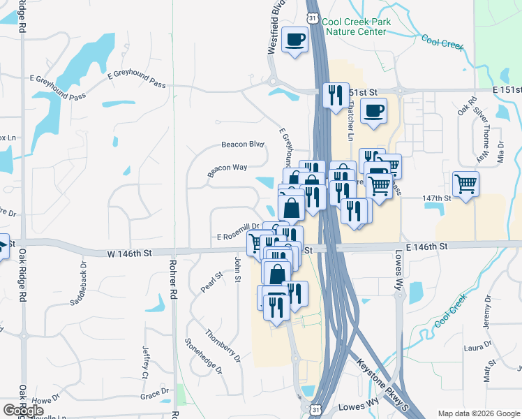 map of restaurants, bars, coffee shops, grocery stores, and more near 14727 Shadow Lakes Drive East in Carmel