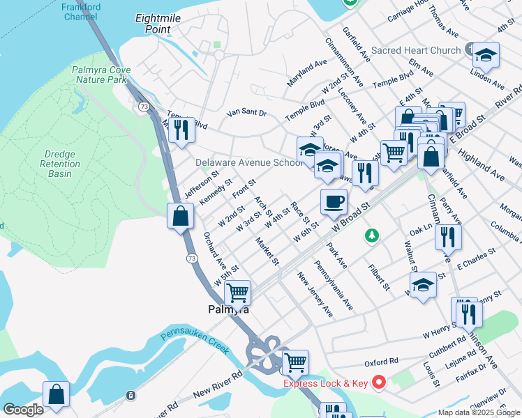 map of restaurants, bars, coffee shops, grocery stores, and more near 376 Arch Street in Palmyra