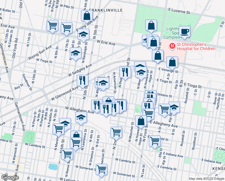 map of restaurants, bars, coffee shops, grocery stores, and more near 238 West Thayer Street in Philadelphia