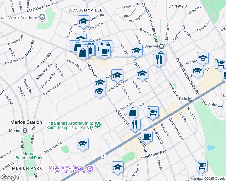 map of restaurants, bars, coffee shops, grocery stores, and more near 150 North Highland Avenue in Bala Cynwyd