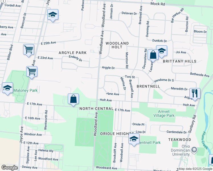 map of restaurants, bars, coffee shops, grocery stores, and more near 1662 Geraldine Ave in Columbus