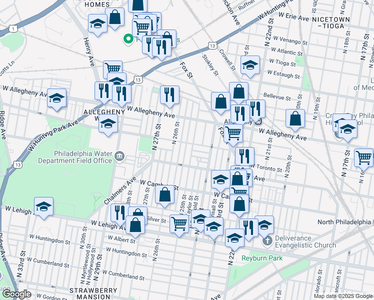 map of restaurants, bars, coffee shops, grocery stores, and more near 3049 North Stillman Street in Philadelphia