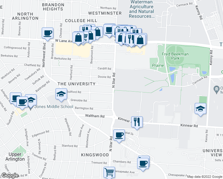 map of restaurants, bars, coffee shops, grocery stores, and more near 1491 Essex Road in Columbus