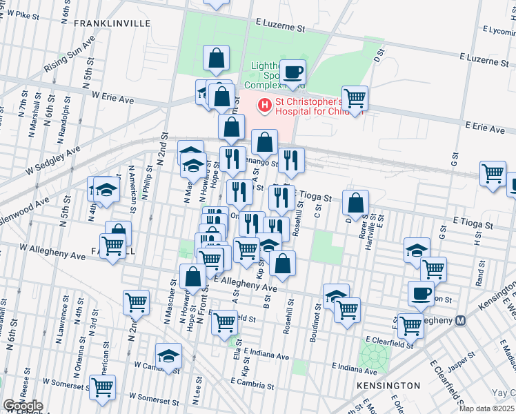 map of restaurants, bars, coffee shops, grocery stores, and more near 3426 Ella Street in Philadelphia