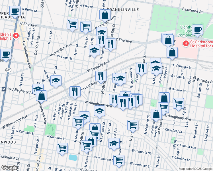 map of restaurants, bars, coffee shops, grocery stores, and more near 3328 North Orkney Street in Philadelphia