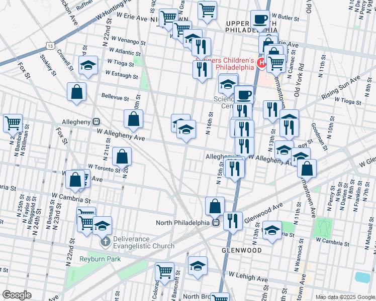 map of restaurants, bars, coffee shops, grocery stores, and more near 1630 West Allegheny Avenue in Philadelphia
