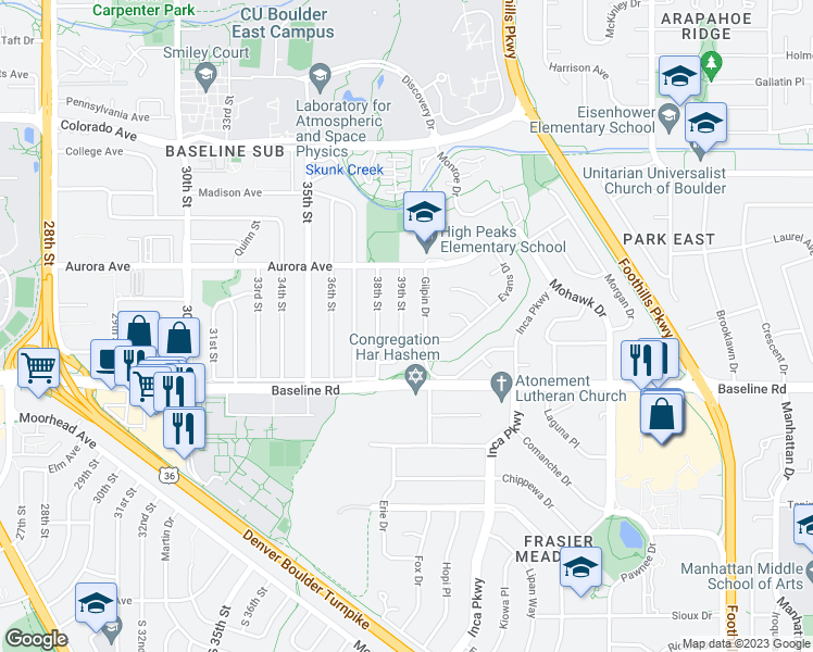 map of restaurants, bars, coffee shops, grocery stores, and more near 770 39th Street in Boulder