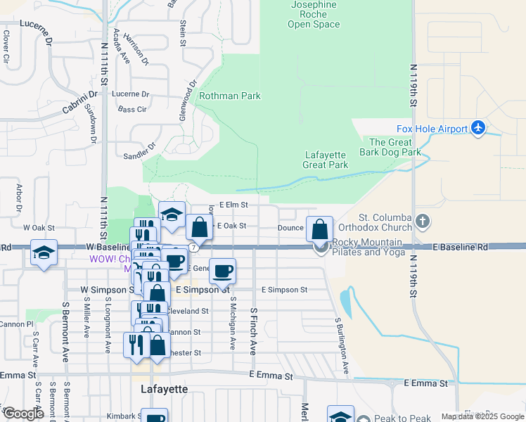 map of restaurants, bars, coffee shops, grocery stores, and more near 456 North Finch Avenue in Lafayette