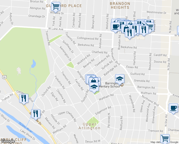 map of restaurants, bars, coffee shops, grocery stores, and more near 1987 Tewksbury Road in Columbus